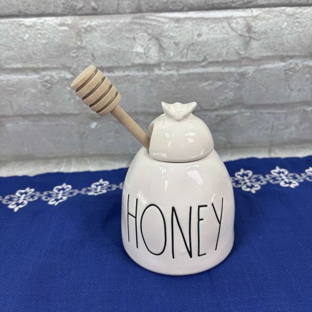 Rae Dunn Artisan Collection HONEY Ceramic Honey Pot Lid & Wooden Dipper 16oz